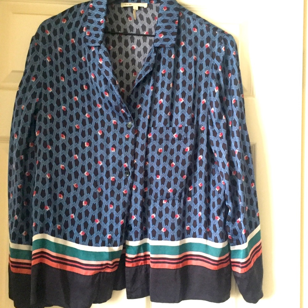 Maje Blue Multi-Spot Silk Blouse with Stripe Trim - Picture 5 of 13